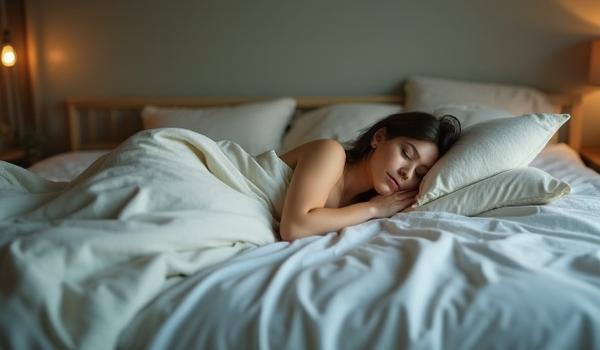 A peaceful bedroom scene with soft lighting, a person (aged 35-45) resting comfortably on supportive pillows, signifying restful sleep.