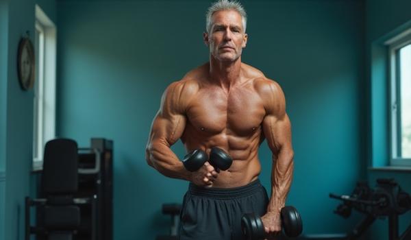 A man aged 50-55 engaging in moderate-intensity strength training at a home gym, looking focused and strong.