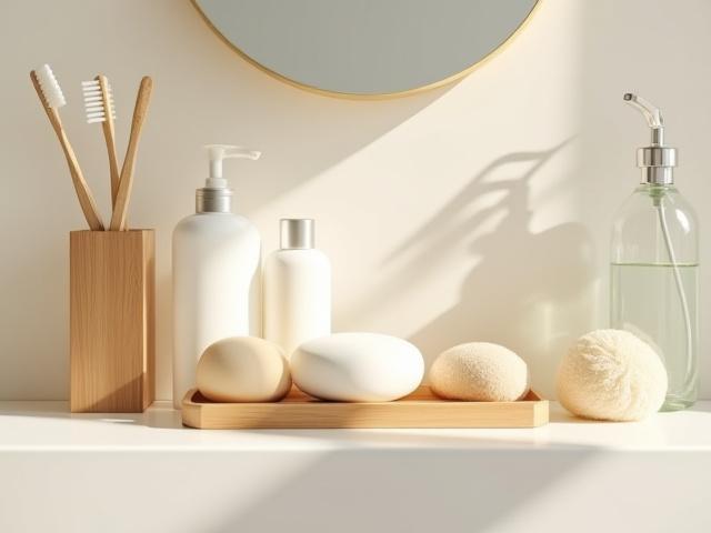 Bathroom counter with bamboo toothbrushes, shampoo bars, and a reusable cotton pad, promoting sustainable swaps