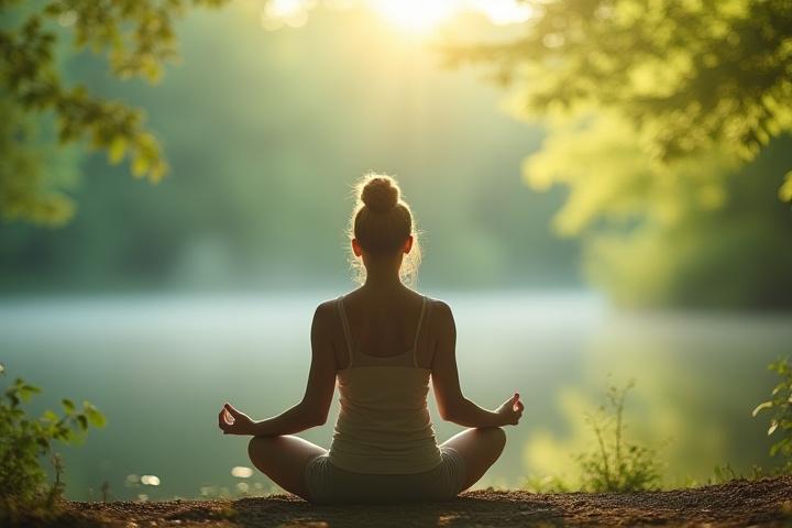 Person meditating in a serene natural setting, symbolizing stress reduction through connection with nature